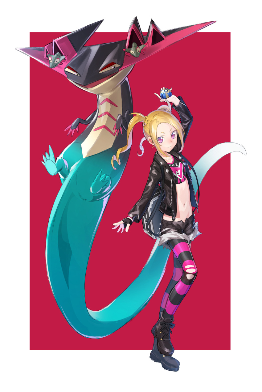 1girl, absurdres, arm_up, blonde_hair, border, cutoffs, deluxe<<<, dragapult