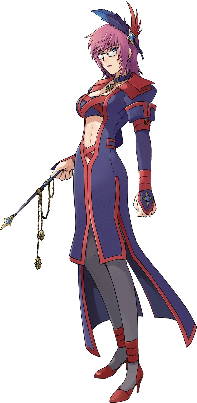 cleavage, glasses, highres, midriff, simple_background, summon_night, summon_night_twin_age, talij