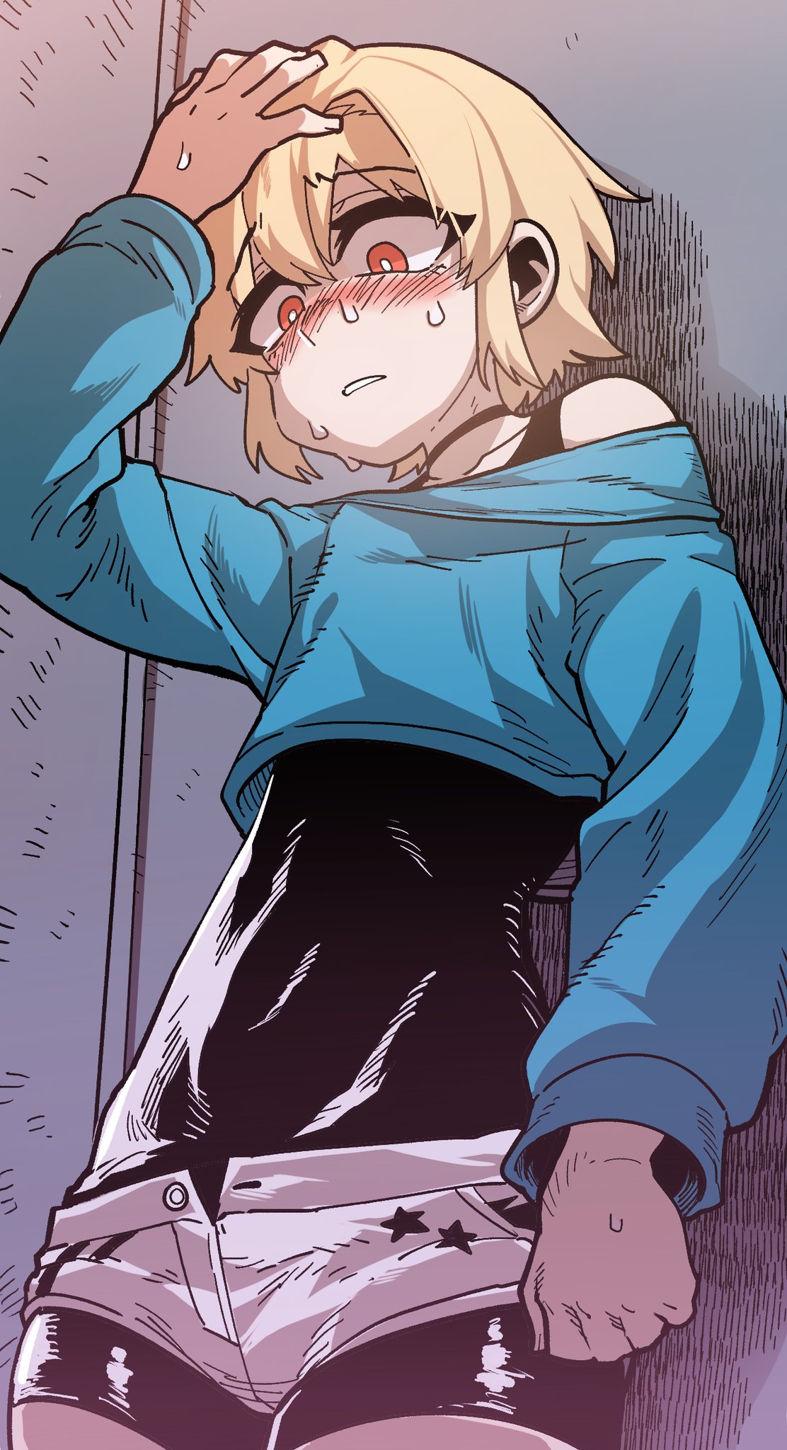1boy, blonde_hair, blush, choker, hair_between_eyes, highres, jeong_sana, looking_down