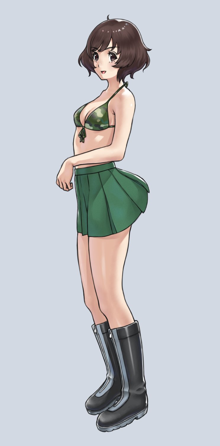 1girl, akiyama_yukari, bangs, bikini_top, black_footwear, boots, breasts, brown_eyes