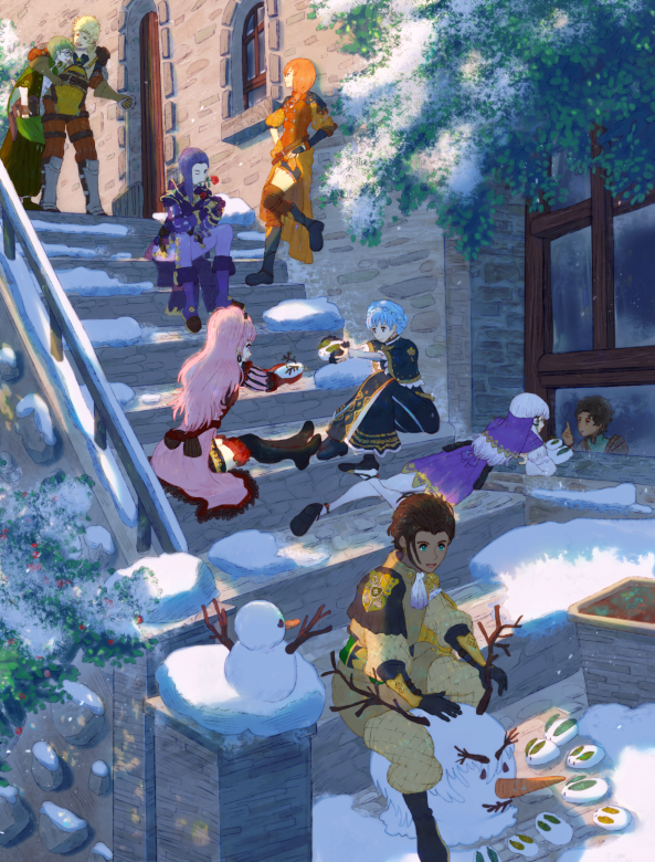 4girls, 5boys, against_glass, against_wall, claude_von_riegan, cyril_(fire_emblem), fire_emblem, fire_emblem:_three_houses