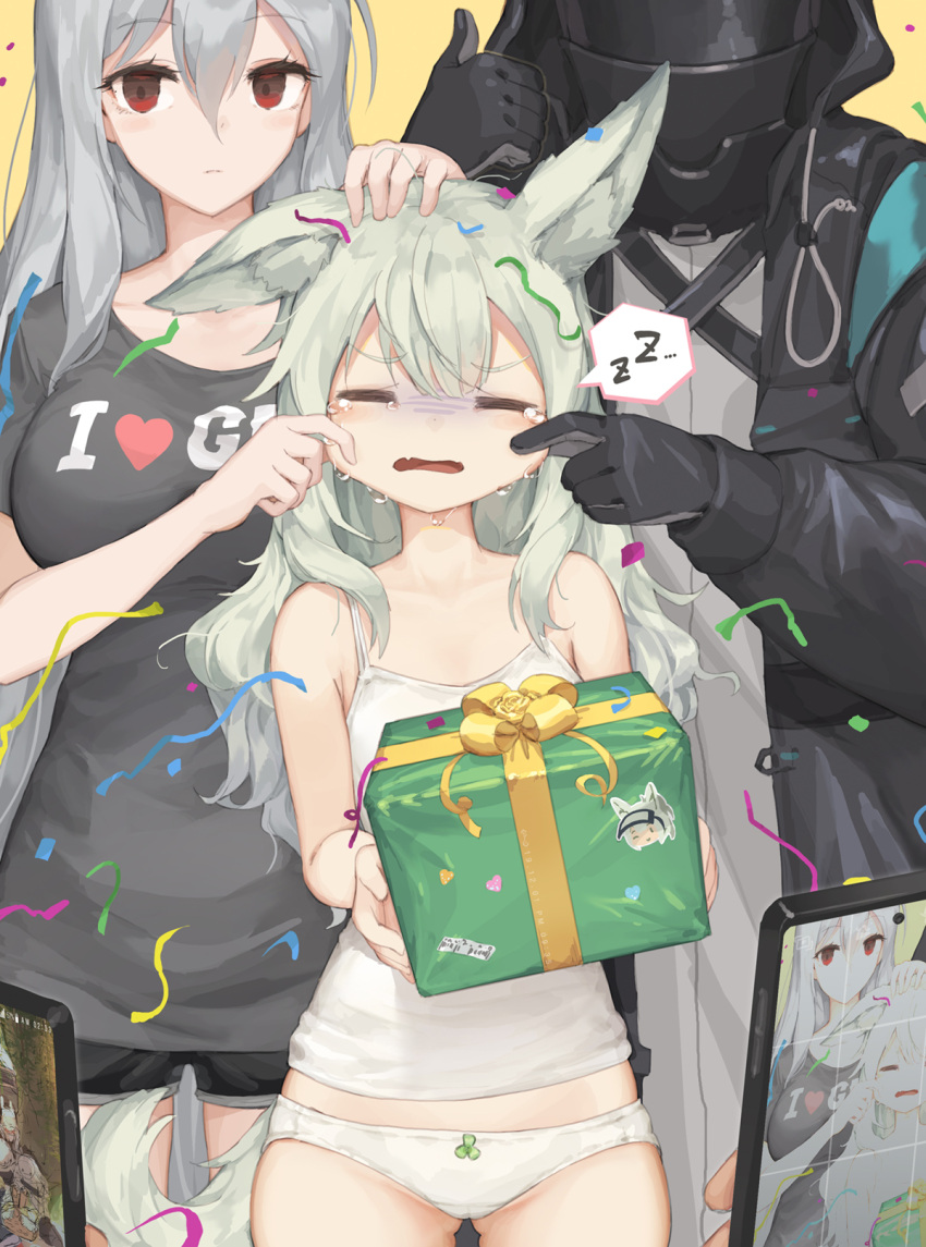 3girls, =_=, animal_ears, arknights, ass_visible_through_thighs, bare_arms, bare_shoulders, beige_background