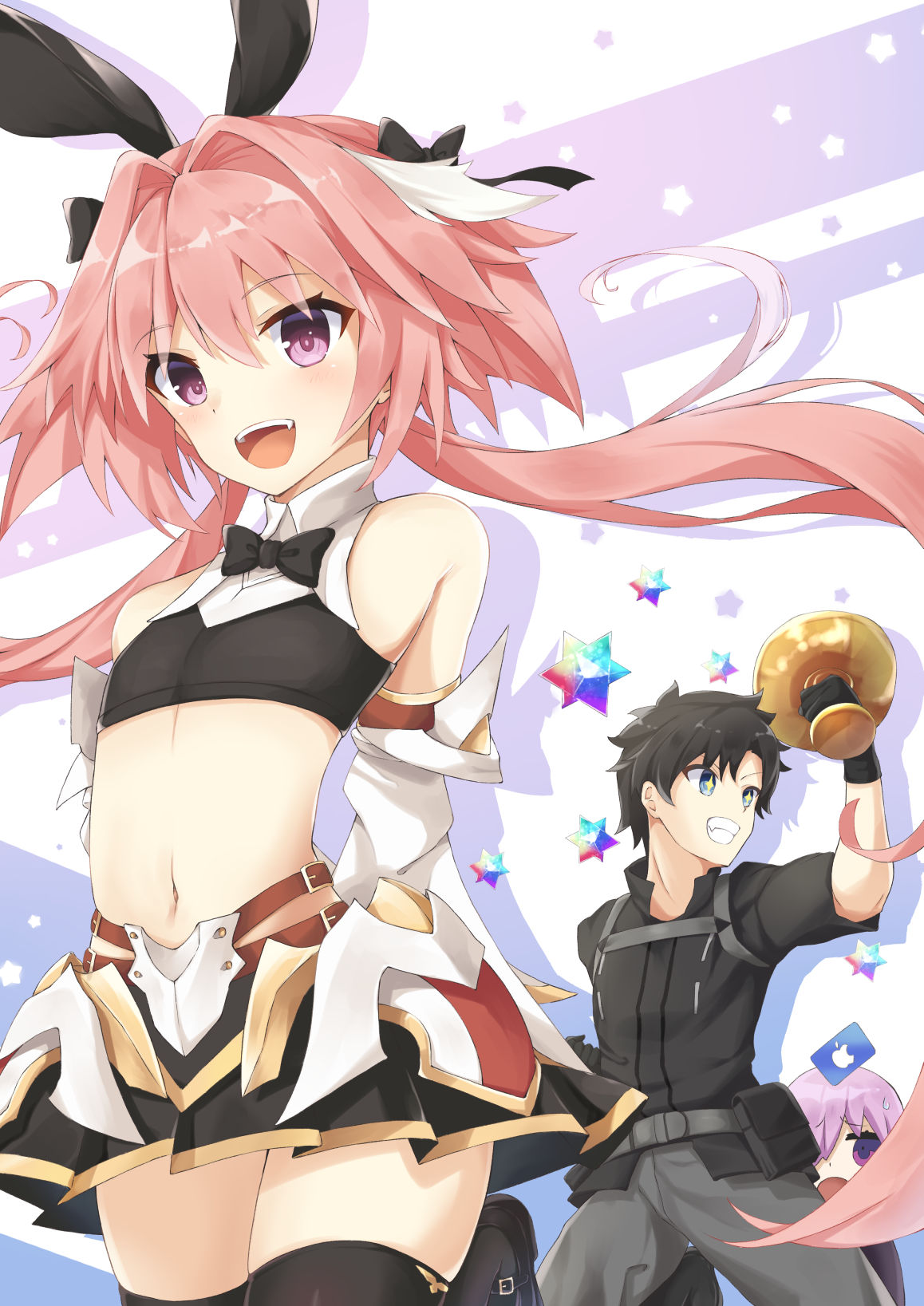 1girl, 2boys, apple_inc., arms_behind_back, astolfo_(fate), astolfo_(saber)_(fate), bangs, bare_shoulders, belt, black_bow, black_gloves, black_hair, black_jacket, black_legwear, black_neckwear, black_ribbon, black_shirt, black_skirt, blue_eyes, blush, bow, bowtie, buttons, chalice, crop_top, fate/grand_order, fate_(series), faulds, fujimaru_ritsuka_(male), gift_card, gloves, grey_pants, grin, hair_between_eyes, hair_bow, hair_intakes, hair_over_one_eye, hair_ribbon, highres, holy_grail_(fate), jacket, kuroisiro, lavender_hair, long_hair, long_sleeves, looking_at_viewer, low_twintails, mash_kyrielight, midriff, miniskirt, multicolored_hair, multiple_boys, navel, open_mouth, otoko_no_ko, pants, pink_hair, pleated_skirt, polar_chaldea_uniform, pouch, ribbon, riyo_(lyomsnpmp)_(style), saint_quartz, shirt, short_hair, skirt, smile, solo, sparkling_eyes, spiky_hair, streaked_hair, thigh-highs, thighs, twintails, violet_eyes, white_hair, wide_sleeves, wing_collar