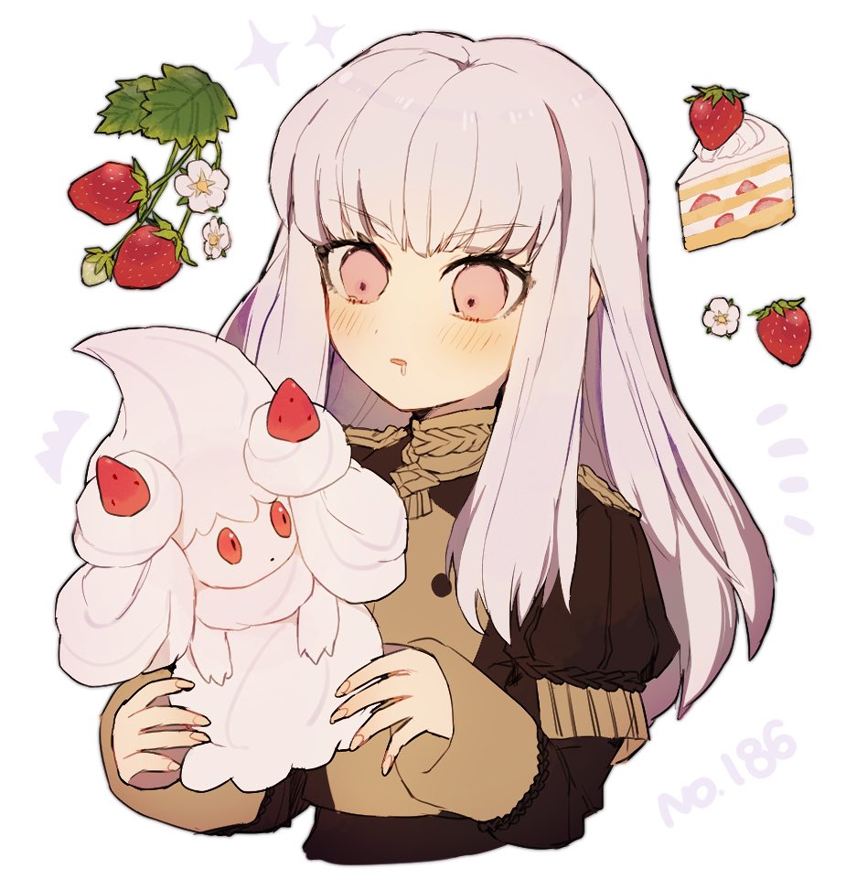 10s, 1girl, 1other, 2019, alcremie, cake, cream_(specie), creatures_(company), crossover, drooling, fire_emblem, fire_emblem:_three_houses, fire_emblem:_three_houses, food, fruit, game_freak, gen_8_pokemon, holding, holding_pokemon, human, intelligent_systems, koei_tecmo, loli, long_hair, lysithea_von_ordelia, nemui_468, nintendo, olm_digital, open_mouth, pink_eyes, pokemon, pokemon_(anime), pokemon_(creature), pokemon_(game), pokemon_swsh, season_difference, simple_background, strawberry, super_smash_bros., upper_body, white_background, white_hair, year_connection