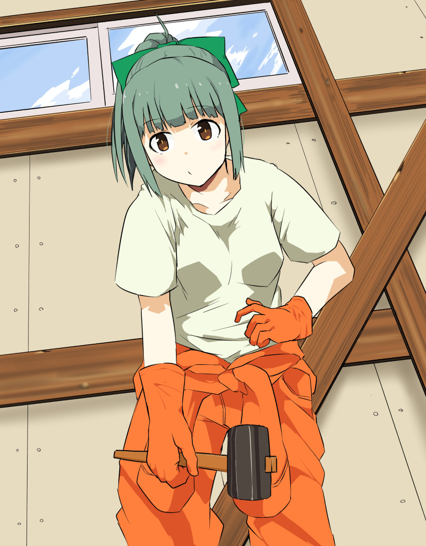 1girl, absurdres, bow, brown_eyes, eyebrows_visible_through_hair, gloves, green_bow, green_hair