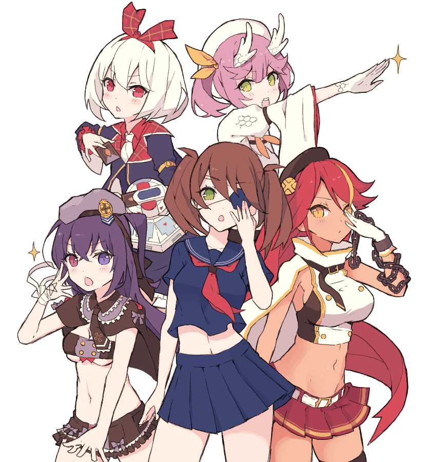 5girls, artist_request, azur_lane, bandages, bangs, belt, beret, black_hair