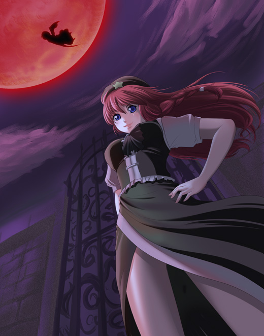 clouds, hong_meiling, kanduki_yuu, kanzuki_yuu, long_hair, moon, night, red_hair