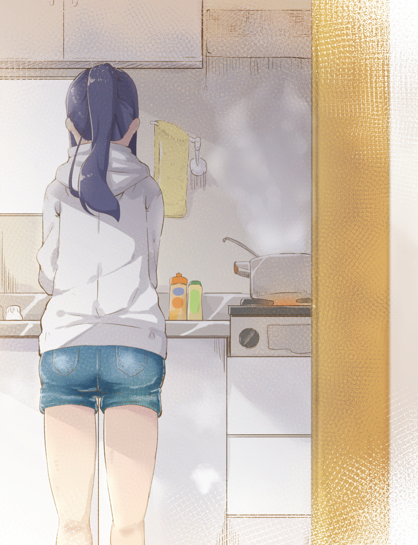 1girl, absurdres, ass, blue_hair, cooking, denim, denim_shorts, from_behind