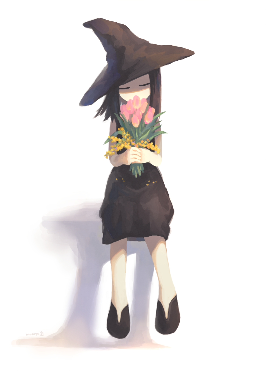 1girl, artist_name, black_dress, black_footwear, black_headwear, bouquet, closed_eyes, dress