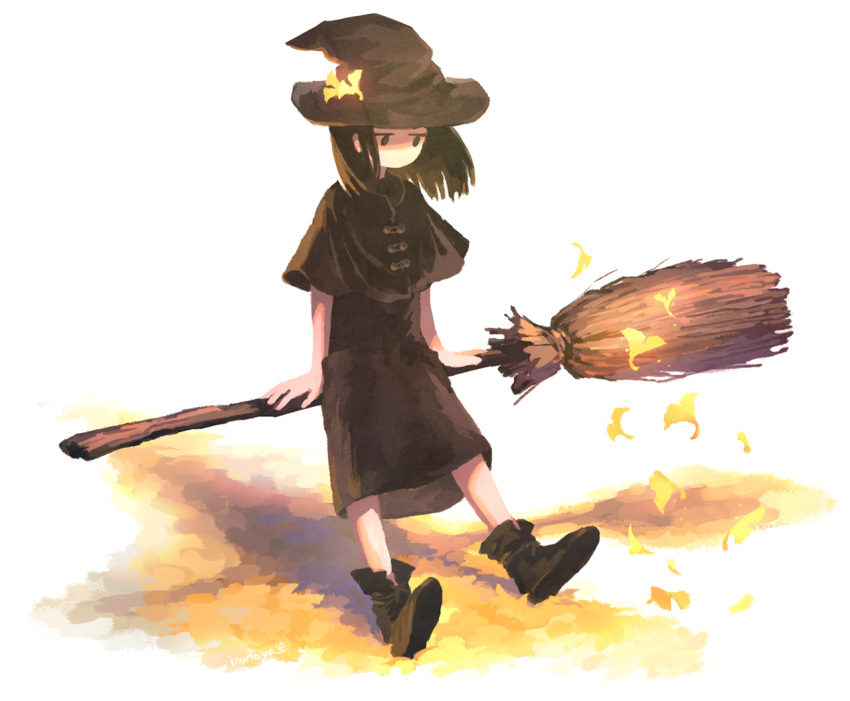 1girl, autumn_leaves, black_eyes, black_footwear, black_hair, black_headwear, broom, day, full_body, ginkgo_leaf, hat, inunoya, medium_hair, original, outdoors, short_sleeves, sitting, solo, white_background, witch, witch_hat