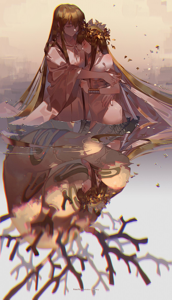 1boy, 1girl, alternate_form, antlers, bangs, between_breasts, blush, bracer