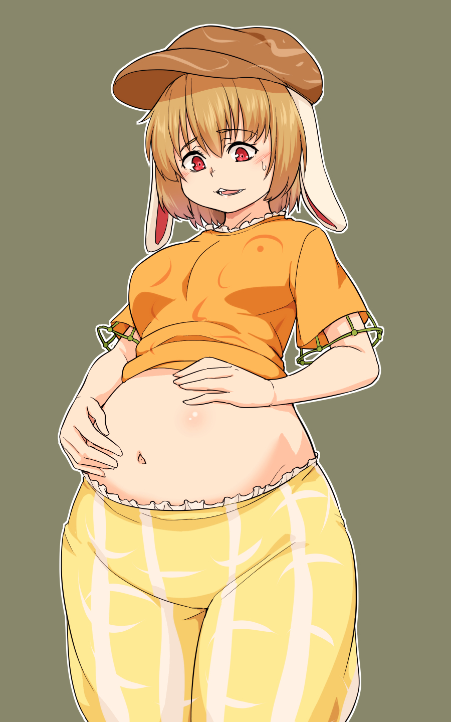 1girl, animal_ears, bangs, belly, blonde_hair, blush, breasts, brown_headwear