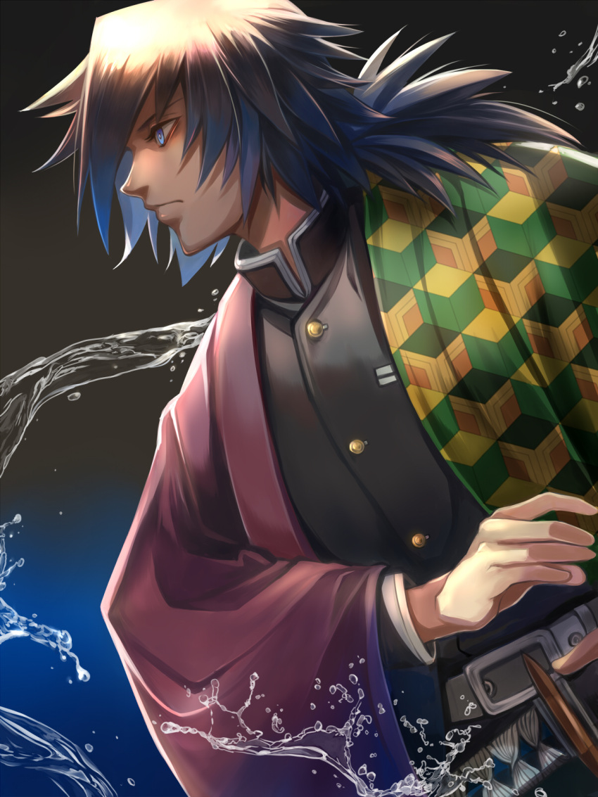 1boy, belt, black_jacket, blue_eyes, blue_hair, buttons, chirao_(tirao777), closed_mouth