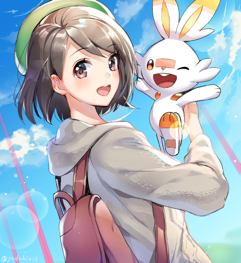 1girl, :d, ;d, backpack, bag, beret, black_hair, blue_sky