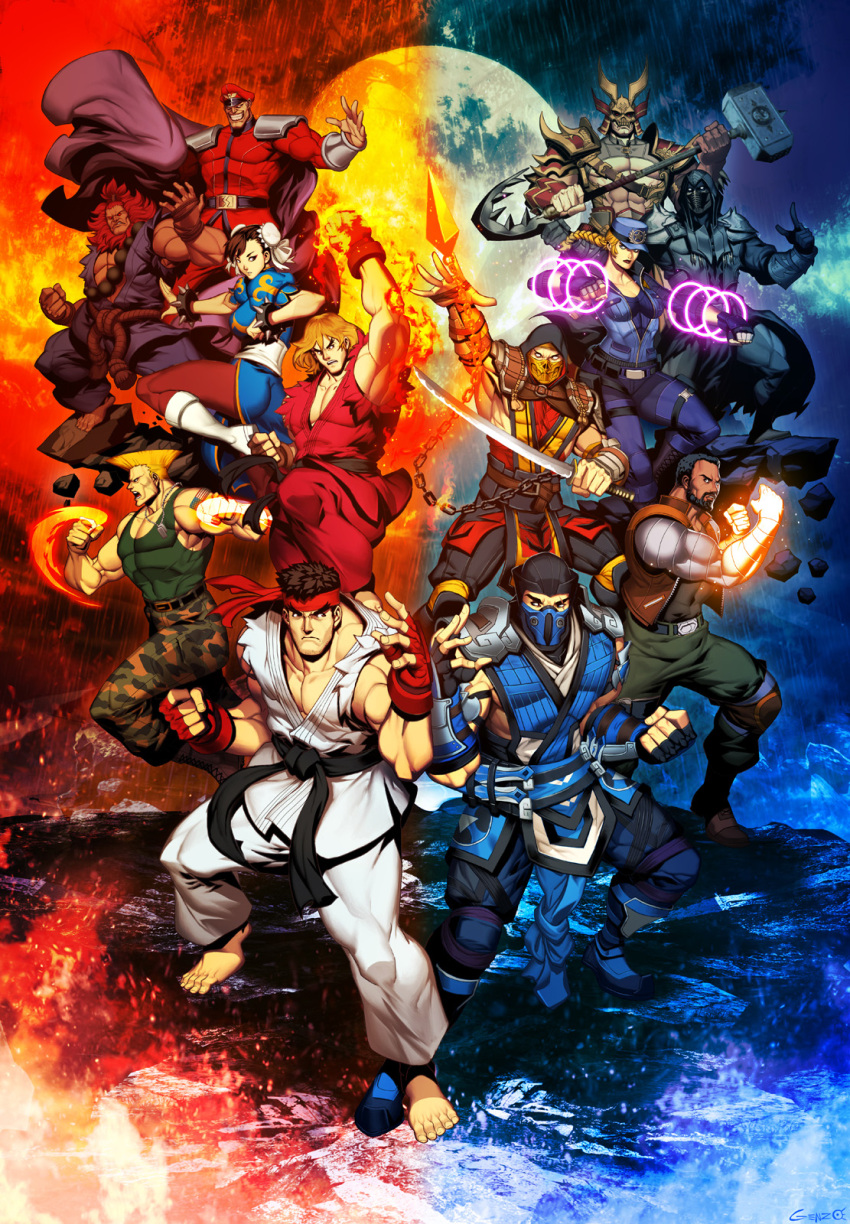 2girls, 6+boys, armor, barefoot, black_hair, blonde_hair, cape, chun-li