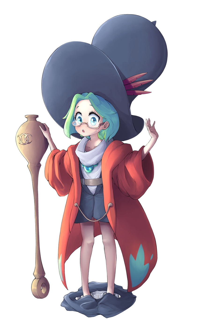 1girl, absurdres, black_headwear, blue_eyes, blush, brown-framed_eyewear, frankseven, full_body