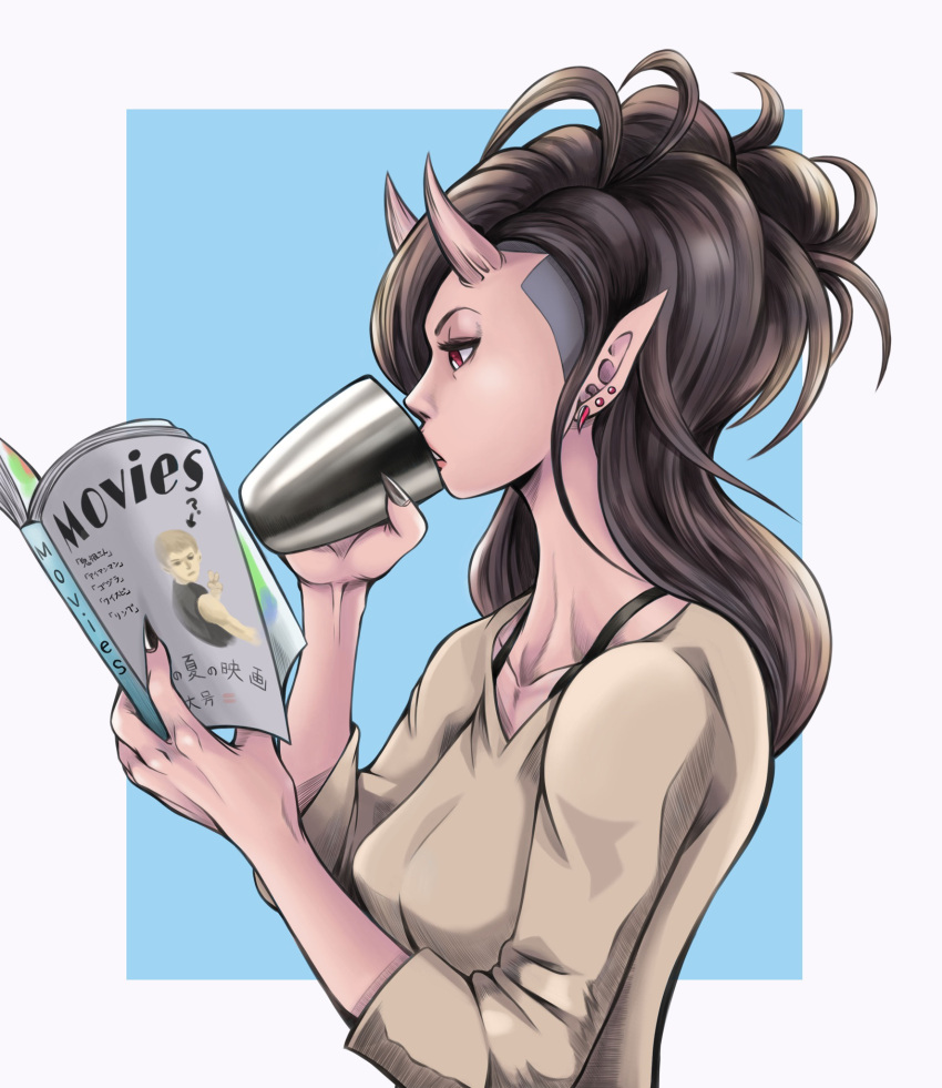 1girl, black_nails, book, bra_strap, breasts, brown_hair, coffee_mug, commentary_request