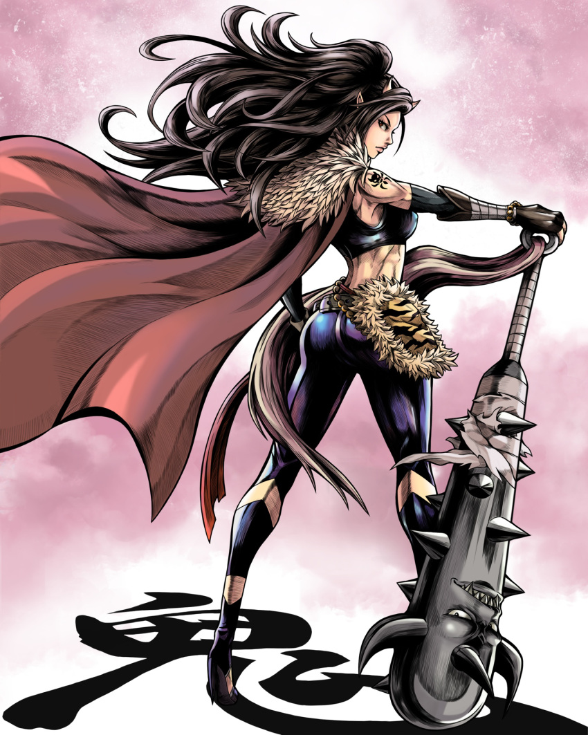 1girl, ass, belt, black_hair, black_pants, breasts, cape, club