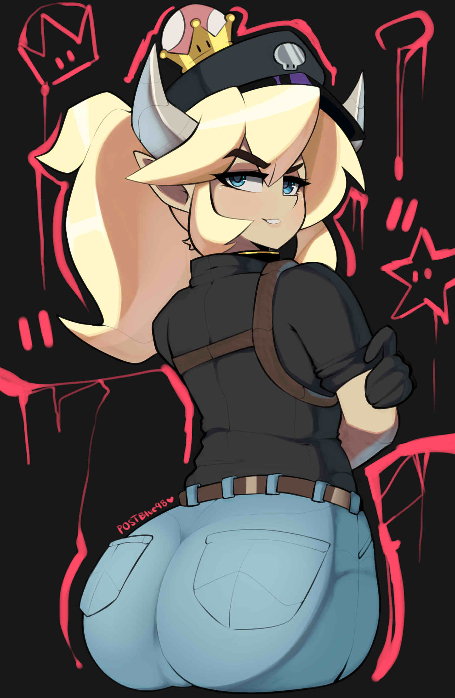 1girl, ass, belt, black_gloves, black_shirt, blonde_hair, blue_eyes, blue_pants