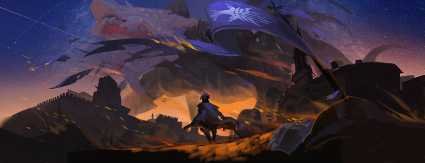 1other, ahoge, armor, castle, character_request, dragon, embers, extra_eyes