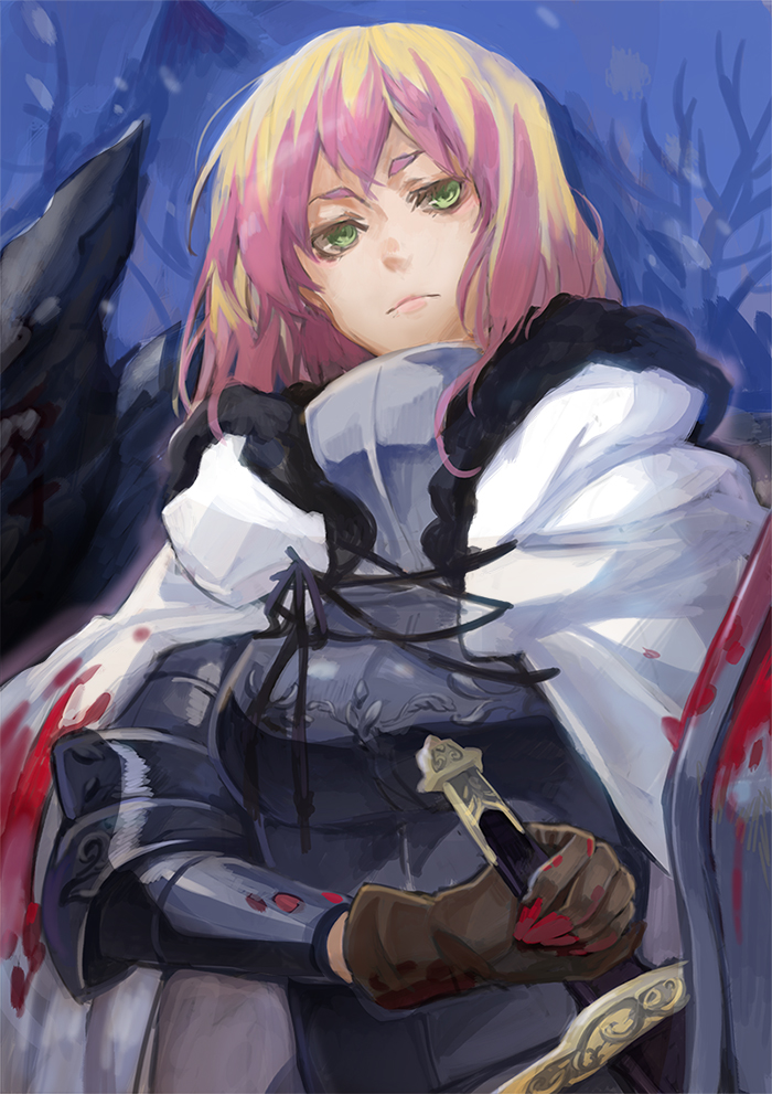 1girl, armor, black_gloves, blonde_hair, blood, bloody_clothes, breastplate, closed_mouth, gloves, green_eyes, holding, holding_sword, holding_weapon, jacket, knight, luyis16, monster_girl, mountain, multicolored, multicolored_hair, original, outdoors, pink_hair, pink_lips, scabbard, sheath, shield, snow, snowing, solo, sword, tree, vambraces, weapon, white_jacket, winter_clothes