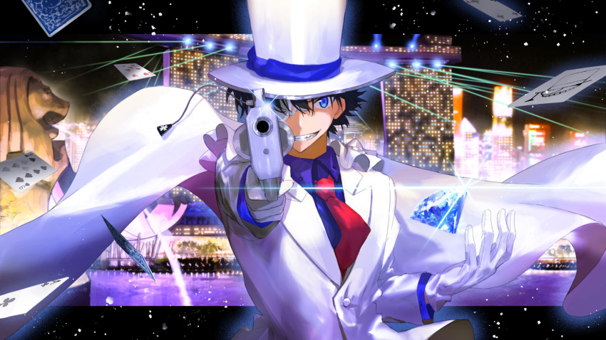 1boy, black_hair, blue_eyes, building, cape, card, city, diamond_(gemstone)