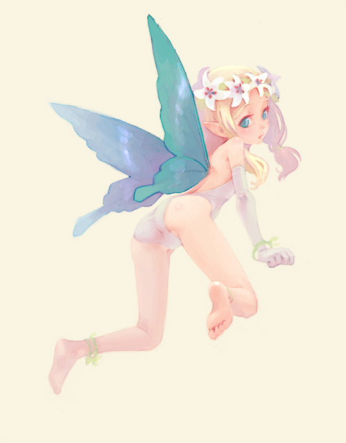 ass, barefoot, blonde_hair, blue_eyes, elbow_gloves, fairy, gloves, hair_accessory, hair_ornament, long_hair, original, pointy_ears, simple_background, weno, wings