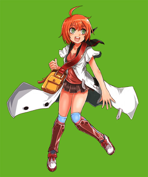 bag, boots, green_background, green_eyes, kara_(color), kneehighs, medic, medic_(sekaiju)