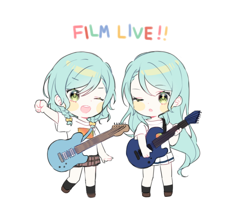 2girls, 417_(ionxx417), ;d, ;o, aqua_hair, bang_dream!, black_legwear, blush_stickers