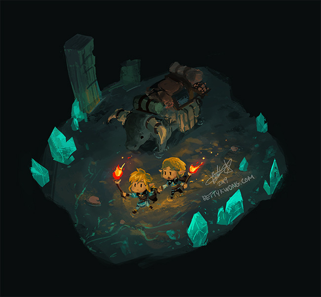 1boy, 1girl, bag, bettykwong, blonde_hair, blue_shirt, bull, cave