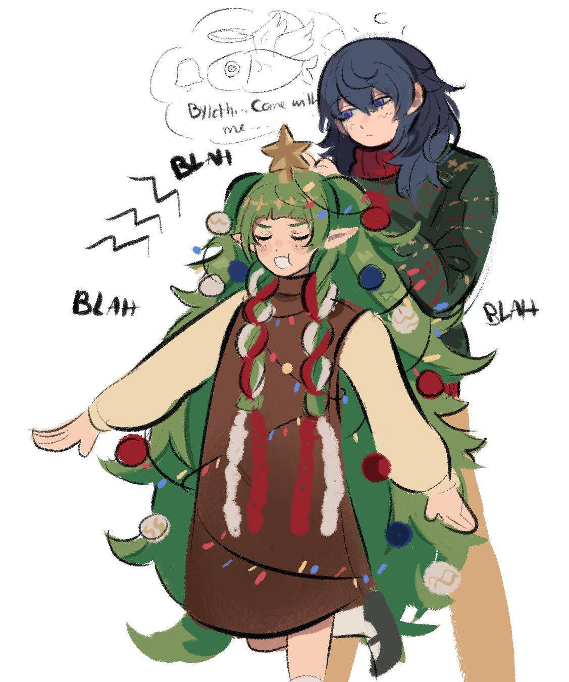 2girls, alternate_costume, blue_eyes, blue_hair, braid, byleth_(fire_emblem), byleth_eisner_(female), christmas_ornaments