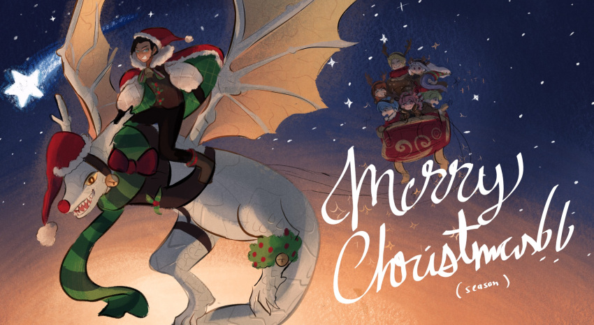 4boys, 4girls, bell, blonde_hair, blue_hair, bow, brown_hair, cape