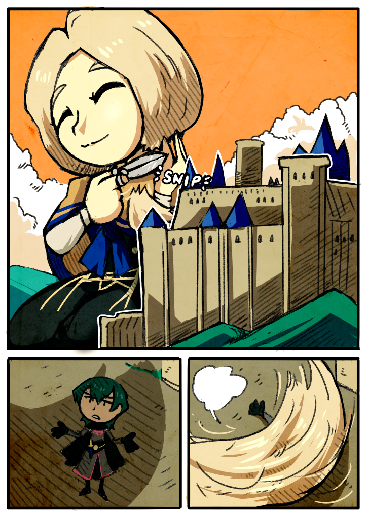 1boy, 1girl, black_cape, blonde_hair, blue_shawl, byleth_(fire_emblem), byleth_eisner_(male), cape