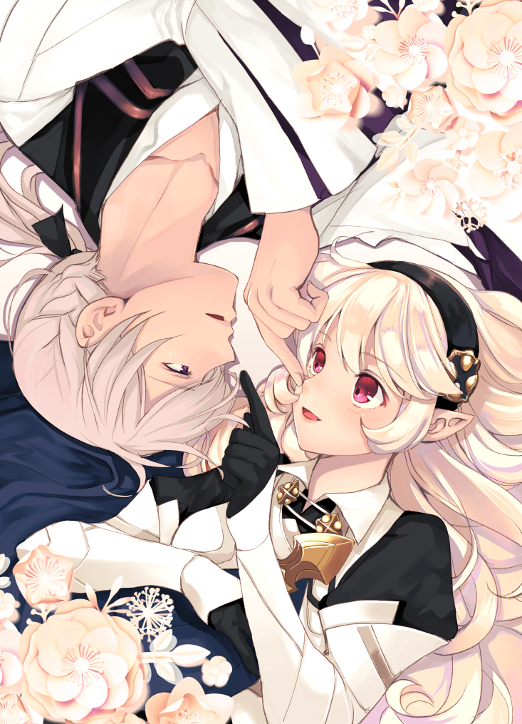 1boy, 1girl, armor, armored_dress, black_gloves, corrin_(fire_emblem), corrin_(fire_emblem)_(female), couple, eyebrows_visible_through_hair, face-to-face, finger_on_nose, fire_emblem, fire_emblem_fates, flower, gloves, hair_ribbon, hairband, hand_on_another's_face, hetero, jakob_(fire_emblem), kero_sweet, long_sleeves, lying, medium_hair, on_back, open_mouth, pointy_ears, ponytail, red_eyes, ribbon, shirt, silver_hair, vest