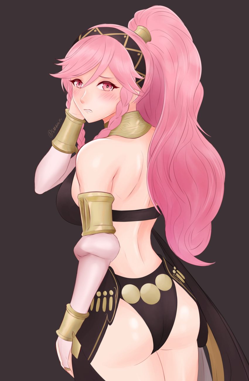 1girl, absurdres, ass, back, bare_shoulders, black_background, black_panties, blush