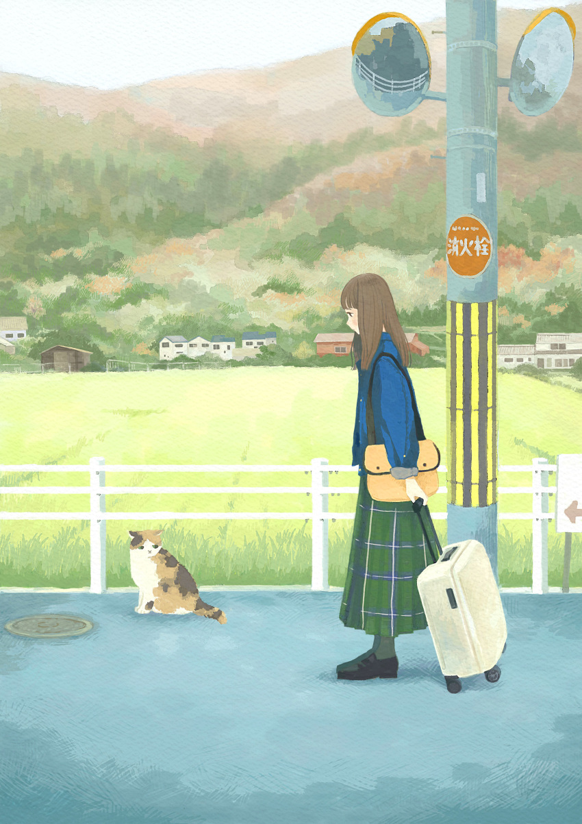 1girl, absurdres, animal, bag, black_footwear, blue_shirt, brown_hair, building