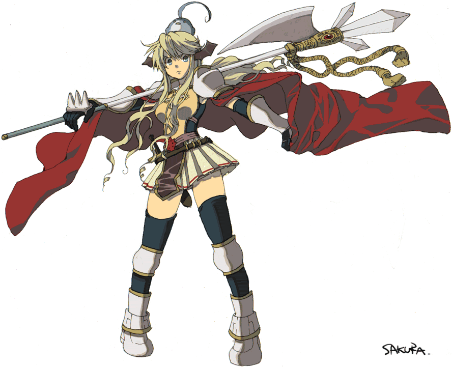 1girl, animal, animal_on_head, armor, axe, belt, blonde_hair, blue_eyes