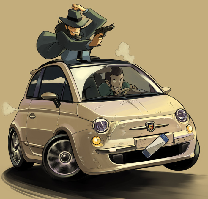arsene_lupin_iii, beard, bowieknife, car, driving, facial_hair, fedora, fiat, fiat_500, fiat_nuova_500, gun, hat, jigen, jigen_daisuke, lupin_iii, male, motor_vehicle, multiple_boys, sideburns, vehicle, weapon
