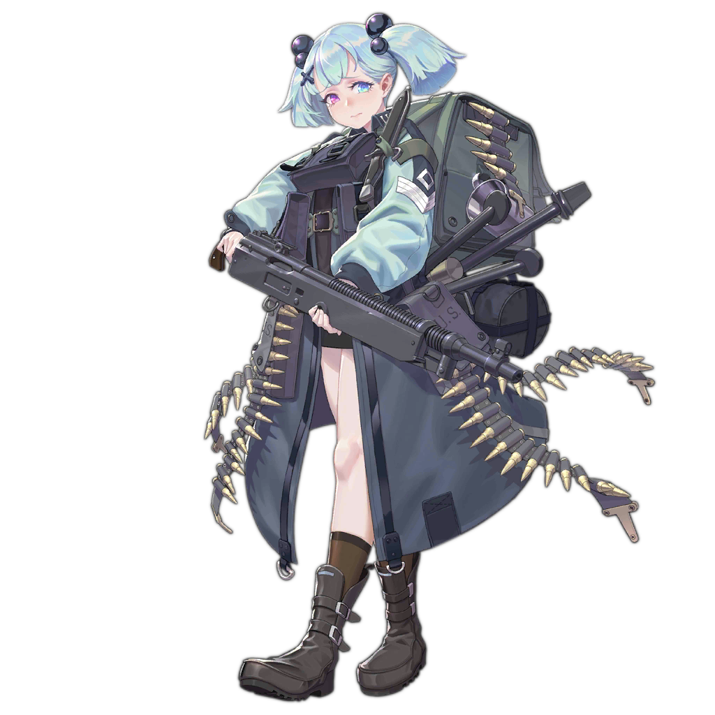 1girl, ammunition_belt, backpack, bag, baggy_clothes, bangs, black_footwear, blue_coat