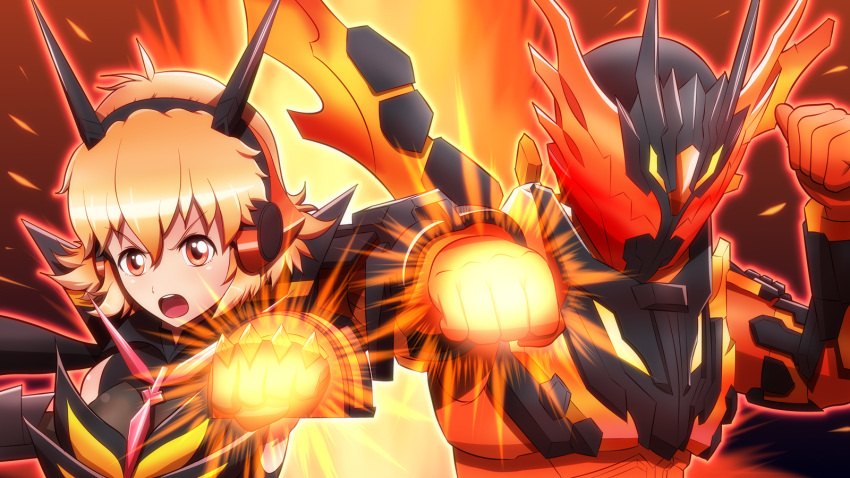 1boy, 1girl, ahoge, armor, bare_shoulders, bodysuit, breastplate, breasts