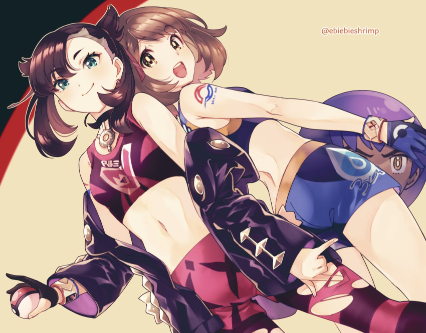 2girls, :d, aqua_eyes, ass, asymmetrical_bangs, back-to-back, ball, bangs, bare_shoulders, beachball, black_choker, black_gloves, black_hair, black_jacket, blue_gloves, blush, breasts, brown_eyes, brown_hair, choker, closed_mouth, commentary_request, cosplay, dande_(pokemon), dutch_angle, eyebrows_visible_through_hair, gloves, highres, holding, holding_ball, jacket, long_sleeves, looking_at_viewer, looking_back, mary_(pokemon), multiple_girls, navel, off_shoulder, open_clothes, open_jacket, open_mouth, pants, partly_fingerless_gloves, pokemon, pokemon_(game), pokemon_swsh, round_teeth, rurina_(pokemon), rurina_(pokemon)_(cosplay), short_hair, short_shorts, shorts, shuri_(84k), single_glove, small_breasts, smile, sports_bra, stomach, striped, striped_pants, swept_bangs, teeth, tight, tight_pants, torn_clothes, torn_pants, twintails, twitter_username, upper_teeth, wristband, yellow_background, yuuri_(pokemon)