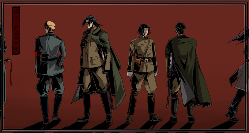 adler, akatsuki_(akatsuki_blitzkampf), akatsuki_blitzkampf, armband, back_turned, bangs, black_hair, blonde_hair, cape, closed_eyes, fritz, jacket_on_shoulders, katana, long_hair, looking_to_the_side, military, military_uniform, multiple_boys, murakumo_(akatsuki_blitzkampf), red_background, refrai, shadow, sheath, sheathed, short_hair, sword, uniform, weapon, younger