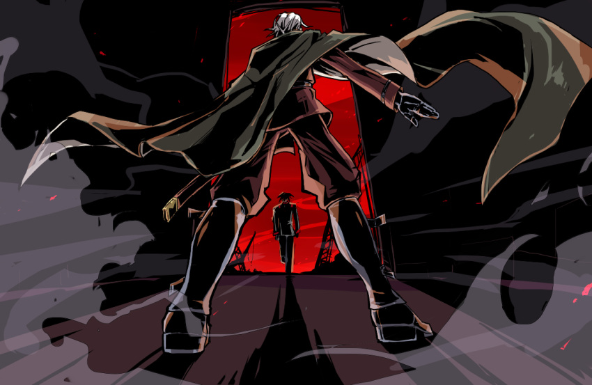 akatsuki_(akatsuki_blitzkampf), akatsuki_blitzkampf, back_turned, black_gloves, black_hair, boots, cape, gloves