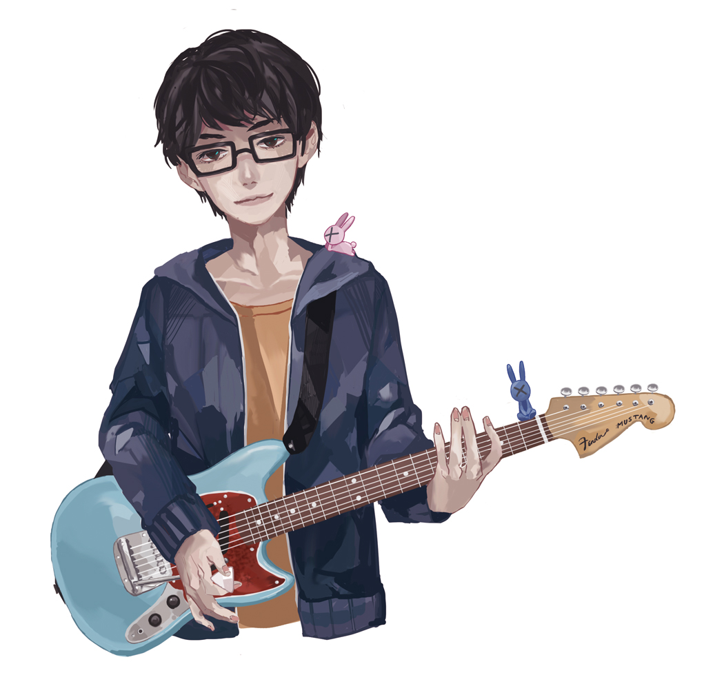1boy, black-framed_eyewear, black_eyes, black_hair, commentary_request, cos17mic, fender_mustang, guitar