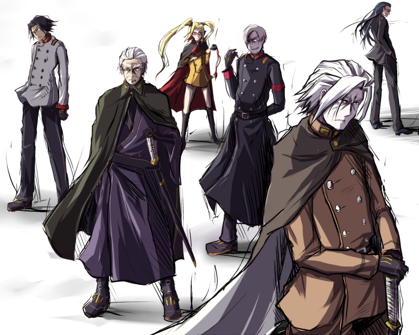 1girl, 5boys, adler, akatsuki_(akatsuki_blitzkampf), akatsuki_blitzkampf, bangs, black_eyes, black_gloves