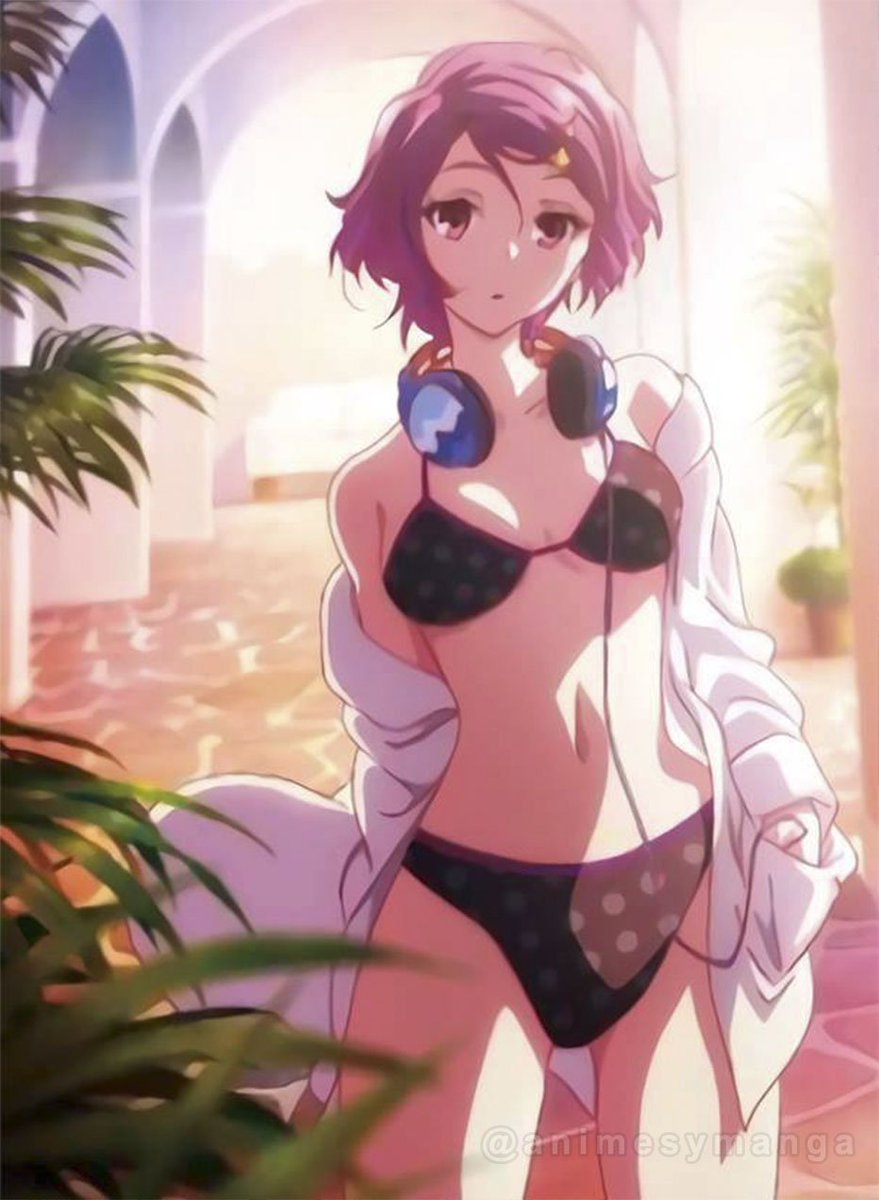 1girl, bra, couch, headphones, headphones_around_neck, highres, ikeda_kazumi, leaf, minase_koito, musaigen_no_phantom_world, official_art, open_mouth, pink_eyes, pink_hair, plant, polka_dot, redhead, shirtless, third-party_edit, third-party_watermark, underwear, wirehair_ornament