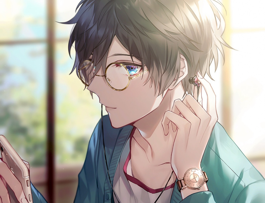 1boy, ailm, bangs, black_hair, blue_eyes, blurry, blurry_background, cardigan