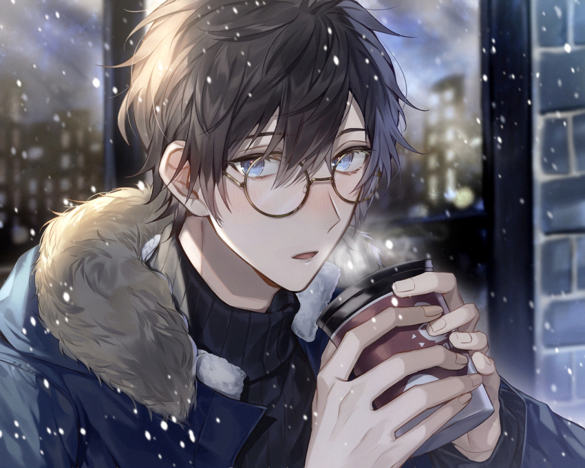 1boy, ailm, bangs, black_hair, black_sweater, blue_coat, blue_eyes, blush, brick_wall, cityscape, close-up, commentary_request, cup, disposable_cup, eyebrows_visible_through_hair, fur-trimmed_hood, fur-trimmed_jacket, fur_trim, glasses, hair_between_eyes, highres, holding, holding_cup, hooded_coat, jacket, light, long_sleeves, looking_at_viewer, male_focus, original, parted_lips, reflection, ribbed_sweater, round_eyewear, short_hair, snowing, solo, steam, sweater, turtleneck, turtleneck_sweater, window