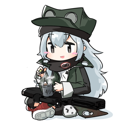 1girl, commentary_request, cup, g11_(girls_frontline), girls_frontline, grey_eyes, happy, hat, jacket, kemejiho, knee_pads, lowres, shoes, silver_hair, sitting, sneakers, solo, tea, teabag