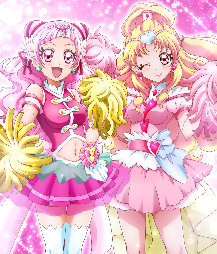 2girls, :d, back_bow, bangs, bare_legs, blonde_hair, blunt_bangs, blush